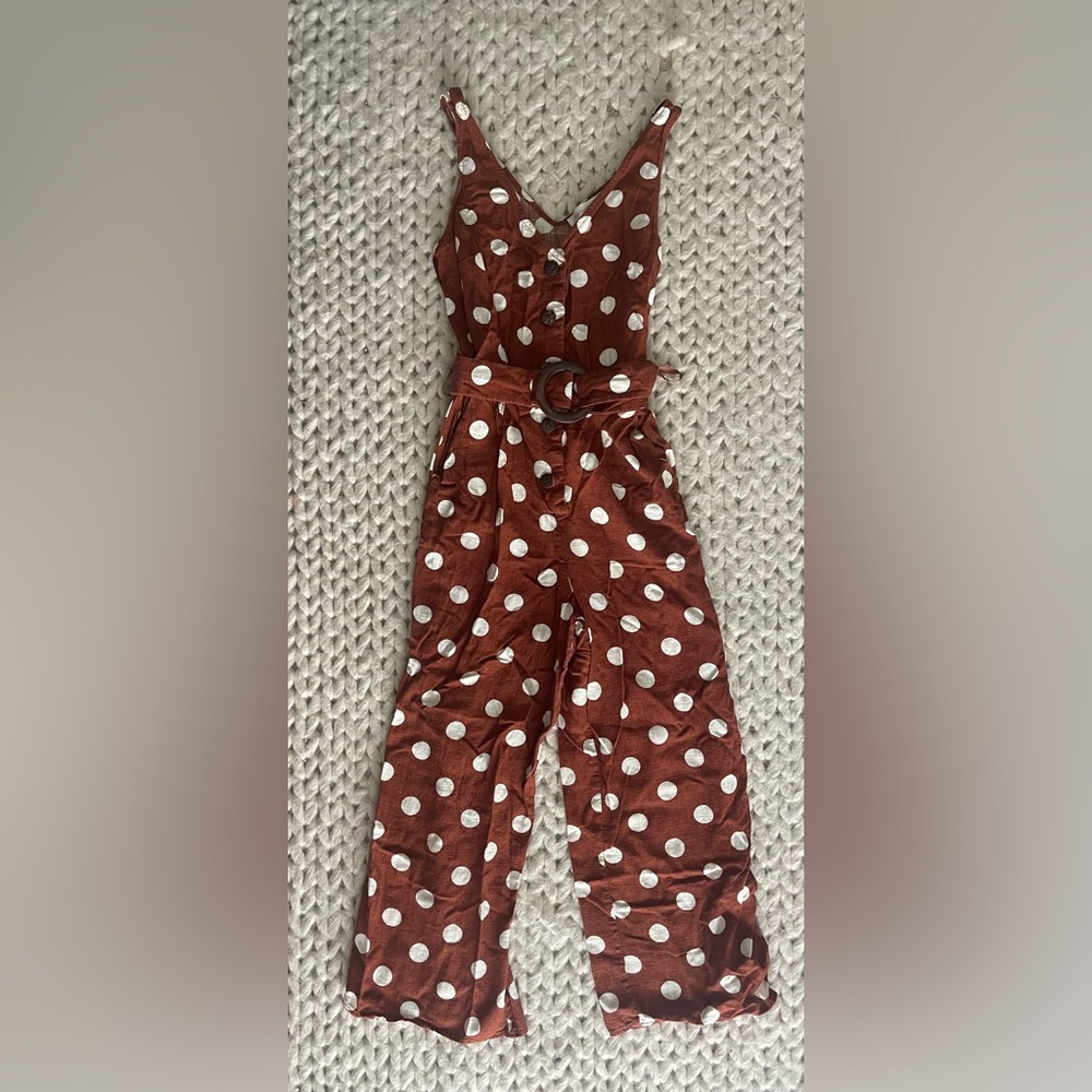 100% Linen Monteau Los Angeles Brown Polka Dot Jumpsuit